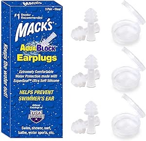 Mack's AquaBlock Swimming Earplugs, 3 Pair | Waterproof, Reusable Silicone Ear Plugs for Swimming | Swim Ear Plugs for Snorkeling, Showering, Surfing, Bathing (Clear)