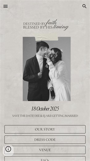 💌 AVAIL OUR 50% OFF PROMO! Ditch the traditional and step into a seamlessly curated wedding experience. Less stress, less back-and-forth — perfect for busy couples who value effortless elegance. With El Retrato, your event website is more than beautiful — it’s complete, organized, and thoughtfully designed. One link. Every detail elegantly presented. From RSVP, Venue Map, and Our Story, to Dress Code, Entourage, and FAQs — everything your guests need, in one place. Make your wedding prep smooth