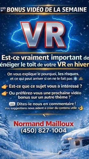 ❄️ Déneiger son toit de VR : oui ou non ? On nous pose la question très souvent… alors on vous répond 👇 ➡️ On parle du poids réel de la neige ➡️ De ce que le toit de votre VR peut réellement supporter ➡️ Et surtout, quand c’est nécessaire… et quand ce ne l’est pas Chaque VR est différente : ✔️ structure ✔️ type de toit ✔️ longueur ✔️ conditions d’accumulation 🎯 Dans cette vidéo, on vous donne notre opinion professionnelle, basée sur l’expérience terrain — pas sur des suppositions. 👉 Avant de 