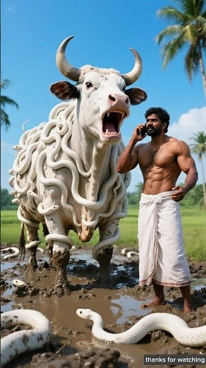 The cow fell into the pit, snakes grabbed it, then the farmer saved it 😭 #ai #cow #snake #farmer