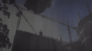 Animation of financial graphs overlaying construction site with cranes and buildings. Finance, development, investment, growth, progress, data