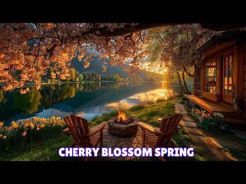 Cherry Blossom Spring at a Cozy Lakeside Cabin 🌸 Relaxing Campfire & Nature Sounds