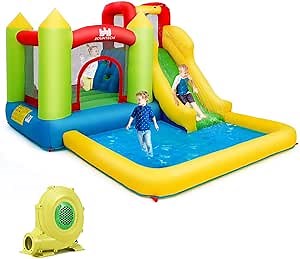 Costzon Inflatable Water Slide, 12 x9FT Kids Water Park Jump Castle Wet Dry with Splash Pool, Water Slides Inflatables for Kids Backyard Party, Blow up Outdoor Water Slide Bounce House with Blower