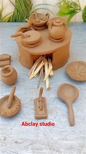 miniature cooking set making at home || how to make mini kitchen set with mud |#kitchenset #shorts