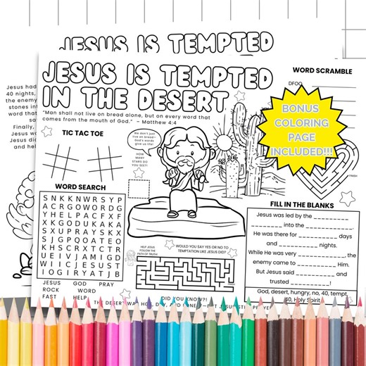 Jesus is Tempted in the Desert Activity Placemat, Sunday School Coloring Page, Children's Church Printable, Christian Homeschool, VBS Crafts - Etsy