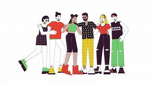 Diverse community line 2D characters animation. Racial and cultural tolerance flat color cartoon 4K , alpha channel. Multinational friendly group animated people on white background