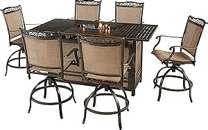 Hanover Fontana 7-Piece Outdoor High-Dining Fire Patio Set, 6 Sling Swivel Counter-Height Chairs and Slat-Top Gas Fire Pit Aluminum Table, Brushed Bronze Finish, Rust-Resistant, All-Weather