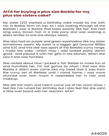AITA for buying a plus size Barbie ❣️ for 🌞 my plus size sisters cake? | Reddit Tales Unveiled