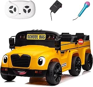 POSTACK 24V Kids Ride on School Bus, 2 Seater Ride on Car with Remote Control, Battery Powered Cars for Kids Boys Girls, Electric Ride on Toy with Microphone, Music, Yellow