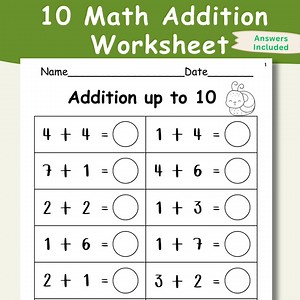 10 Printable Math Addition Worksheets-fill in the Blanks-single Digit Addition-fun Math Activities - Kindergarten and 1st Grade - Etsy