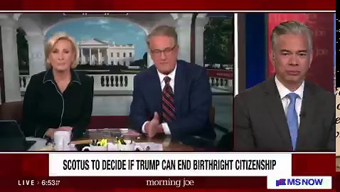 Joe Scarborough on birthright citizenship: “You read the 14th Amendment, it could not be more clear. The Supreme Court threw out this racist argument in 1898. The reason I am actually excited about this is I want to know if Clarence Thomas and Alito decide they’re gonna have the guts to decide with Donald Trump in abolishing the 14th Amendment”