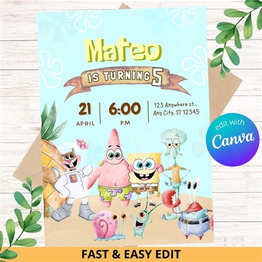 Editable Spongebob Birthday Invitation: 5x7 Cartoon Party Template (digital Download) Canva Free - Etsy