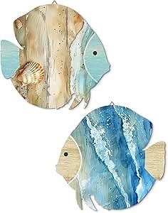 Putuo Decor Wood Fish Wall Decor 2pcs Rustic Beach House Wall Decor Coastal Lake Themed Home Decor Wood Hanging Nautical Decor For Bathroom, Lake House, Beach House Decor