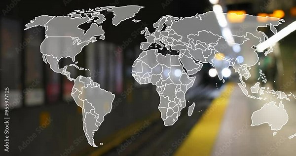 World map animation over subway station with blurred train approaching