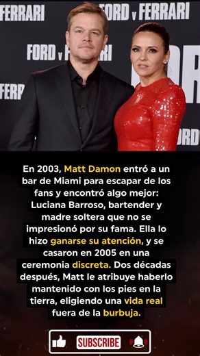 Nova Spotlight on Instagram: "La historia de amor de Matt Damon es el clásico momento de “puertas corredizas” de Hollywood. Mientras filmaba Stuck on You en Miami en 2003, un grupo de fans lo persiguió hasta un bar donde trabajaba Luciana Barroso. En lugar de quedarse impresionada por la fama, Luciana puso a Matt a trabajar, diciéndole en broma que no podía quedarse ahí parado sin hacer nada. La conexión fue inmediata, pero con los pies en la tierra: Luciana era madre soltera y siempre priorizó 