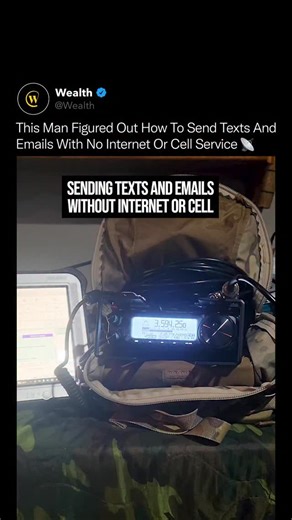 Wealth on Instagram: "Your phone can be useless, and this still works. 🚨🛰️ By pairing a laptop with a ham radio, messages are converted into digital data signals, not voice, and transmitted directly over the air. No cell towers. No Wi-Fi. No internet backbone. Just raw radio frequencies carrying text from one system to another. The setup uses sound as data, encoding messages into tones that radios can transmit and decode on the receiving end. That’s how text-style messages and emails can trave