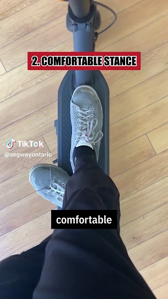 To ride an electric scooter: 🛴 1. Power on your Segway-Ninebot scooter by tapping the round button once on your display. 🔋 2. Find a comfortable stance. We’d recommend the “Ten to Noon”, which places your dominant foot at 12 o’clock and your other foot pointed at 10 o’clock. 🕚 3. Use your foot pointed at 10 o’clock/least dominant foot to kick off. Kicking off sends a signal to the motor that you’re trying to go.🦶 4. Make sure you’re on your preferred speed mode, then push the throttle locate