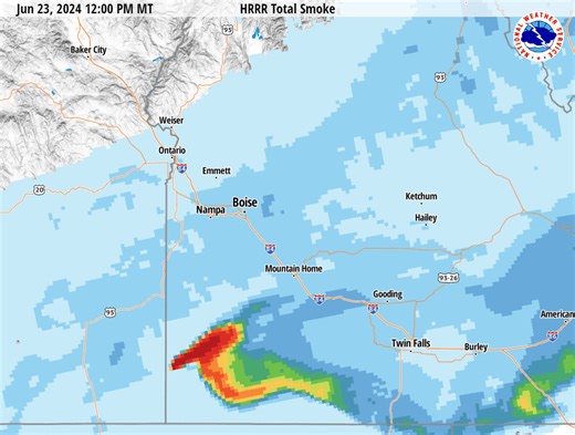 6.9K views · 92 reactions | A fire burning in the Owyhee Mountains is producing patchy smoke and haze over the Lower Snake River Plain and near Mountain Home, ID. Check out the HRRR smoke model's predicted smoke movement for the next several hours! #idwx #orwx | US National Weather Service Boise Idaho | Facebook