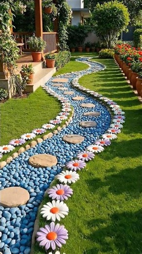 Creative Pebble Garden Path with Daisy Border | Backyard Landscaping Idea #gardenideas #landscaping