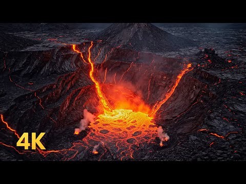 1 Hour of 4K Molten Lava Streams Feeding Swirling Crater Pool — Sounds for Sleep Nap