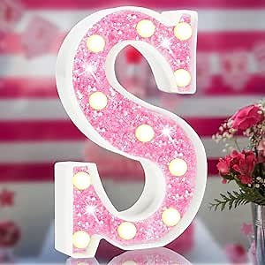 Light Up Letters, Glitter Alphabet Letter Sign Pink LED Marquee Letter Lights Battery Powered for Night Light Girls Bedroom Birthday Party Wedding Home Christmas Decorations Gift for Her-Pink S
