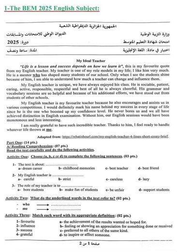 📍السنة الرابعة 4متوسط، مراجعة في مادة اللغة الإنجليزية. امتحان شهادة التعليم المتوسط مرفق بالحل