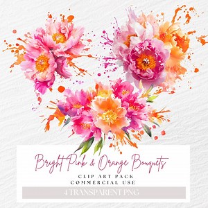 Bright Pink and Orange Floral Clipart, Bright Color Bridal, Pink Wedding Bouquet Clip Art, Spring Summer Flower, Peonies Flowers, Watercolor - Etsy
