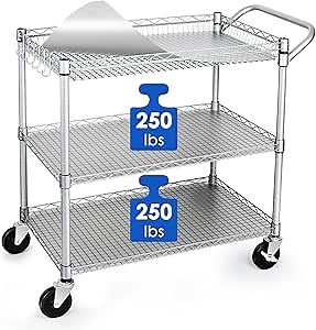 WDT Heavy Duty 3 Tier Utility Cart,Wire Rolling Carts with Wheels, Commercial Grade Service Cart with Shelving Liners and Handle Bar Metal Carts for Kitchen Office Hardware (750LBS Capacity Silver)