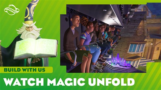 Watch the magic unfold with the brand-new Flying Theatre flat ride - included in the Sorcery Pack DLC for Planet Coaster 2! | Planet Coaster