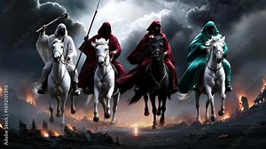 Video judgment day: apocalypse emissary, conquest ghost, war shadow, famine messenger, death symbol, cataclysm portent, ruin destiny, ancient lore, divine fury, ominous myth, celestial terror,