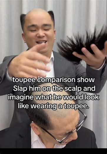 toupee comparison show I'll give you three seconds. Can you imagine what he looks like wearing a toupee during our conversation? If you can't, I'll slap him on the head again. 🤣🤣😂 #toupeeformen #toupees #toupeehair #toupee #hairpiece