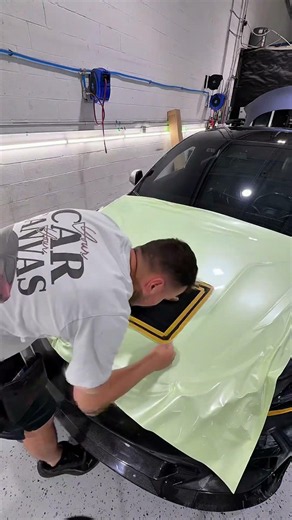 Finishing up this Tesla in amazing Avocado Green Wrap, 1 of 1 wide body Tesla Model 3