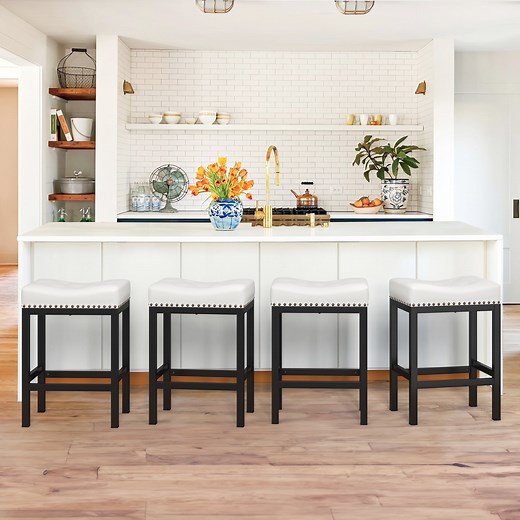 Dycanpo 24” Saddle Bar Stools Set of 4 with Modern Metal Legs, for Home Kitchen, White
