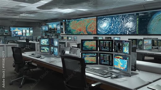 Control room with multiple screens displaying real time weather data, digital maps, and environmental monitoring systems, facilitating critical decision making and forecasting