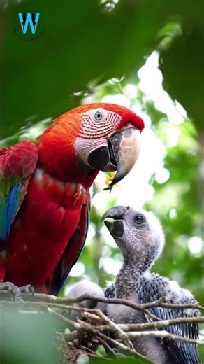 Scarlet Macaw feeding it’s chicks in the wild nest. #birds #nest #bird-