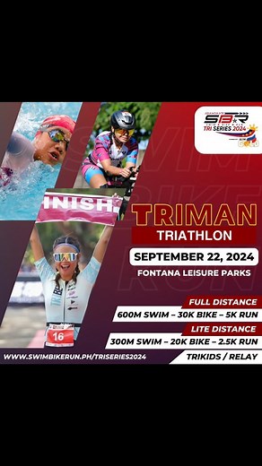 Let's go, Trimans! ♥️ Register now for the Triman Triathlon happening on September 22, 2024 at Fontana Leisure Parks, Clark! @trimantriathlon is the third and final leg of the SBR.ph Tri Series 2024 Powered by Go For Gold! This is #YourTriathlonRace! Event categories include: FULL DISTANCE: 600m Swim – 30k Bike – 5k Run LITE DISTANCE: 300m Swim – 20k Bike – 2.5k Run TRIKIDS & RELAY categories available We emphasize: there is NO cut-off time! Complete the Tri Series Trilogy and Duaman Duathlon Tr