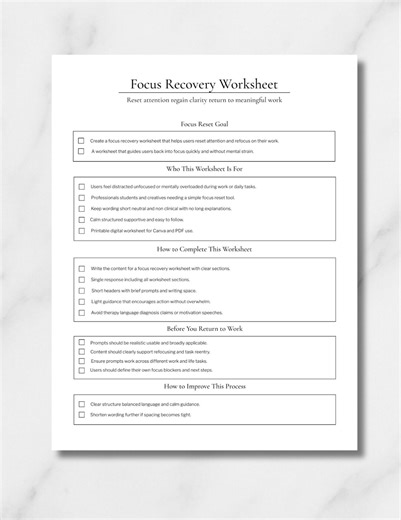 Focus Recovery Worksheet Printable Reset Attention Regain Clarity Productivity Tool Mental Reset Planner - Etsy
