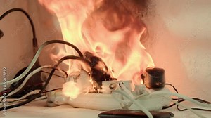 Electrical power cube strip sockets smoking and burning on fire desk indoors due to overload from connected electrical appliances.