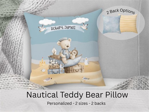 Personalized Nautical Teddy Bear Pillow, Baby Boy Nursery Decor, Custom Name Throw Pillow, Sailboat Coastal Toddler Room Gift - Etsy