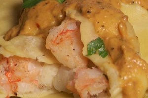 Shrimp and Salt Cod Ravioli with Yellow Pepper Romesco Sauce