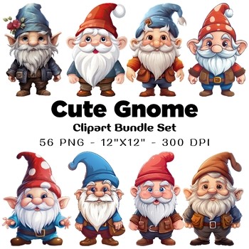 Cute Gnome Clipart Bundle | 56 PNG Fantasy Dwarf Illustrations