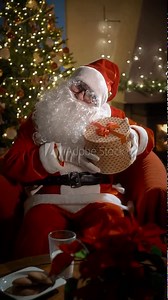 Webcam view Santa Claus wishing Merry Christmas and Happy New Year to children and adults online video calling, holding gifts in his hands in virtual video online chat sitting in his residence on Xmas Stock Video
