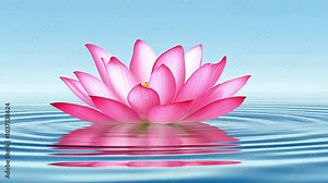 A single pink lotus flower floating on calm blue water with ripples spreading outwards. The flower is in focus and the background is blurred.
