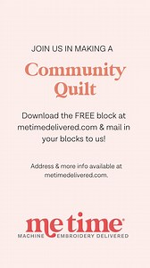 4K views · 15 reactions | Join Melissa as she shows you how to make a Perfectly Pieced Quilt Block for our Community Quilt!! Get an inside look at our Testing Lab here at ME Time & Kimberbell! Last day to submit blocks is October 1st! Learn more about the Community Quilt and how to get this FREE block design here - https://pages.metimedelivered.com/community-quilt. | ME Time - Machine Embroidery Subscriptions | Facebook