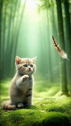 A tiny kitten sits in a mystical bamboo fores