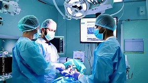 Modern hospital emergency department operating room where doctors and surgeons perform surgery.