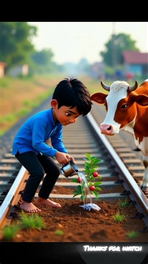Boy and cows planted a pomegranate tree on the railway track 😭 #ai #boy #cow #pomegranate #tree