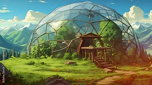Geodesic dome tent. Modern outdoor glamping tent on forest. Generated AI Video.
