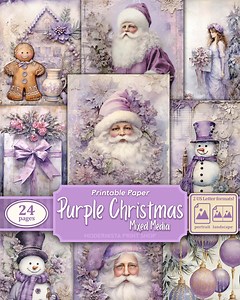 Purple Christmas Junk Journal Kit Mixed Media, Digital Papers, Printable Journal Pages, Journaling Papers, Digital Download, Card Making - Etsy