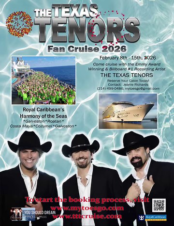 We are excited to announce our 2026 FAN CRUISE!!! It will be FEB 8, 2026 out of Galveston, TX for 7 nights aboard Royal Caribbean Harmony of the Seas! Join us for PRIVATE EXCLUSIVE VIP PERFORMANCES, EVENTS & ACTIVITIES! Cruise with The Texas Tenors contact Jeanie or go to: tttcruise.com for more info & secure your stateroom today before they’re gone! #cruise #ttt15years #RoyalCaribbean #royalcaribbeancruise #fanclub #ttt #funinthesun | The Texas Tenors